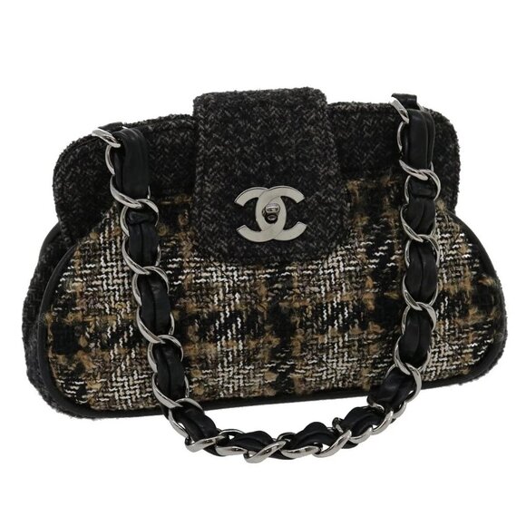 CHANEL Turn Lock Chain Shoulder Bag Wool Gray CC Auth 30734AV - Picture 1 of 16